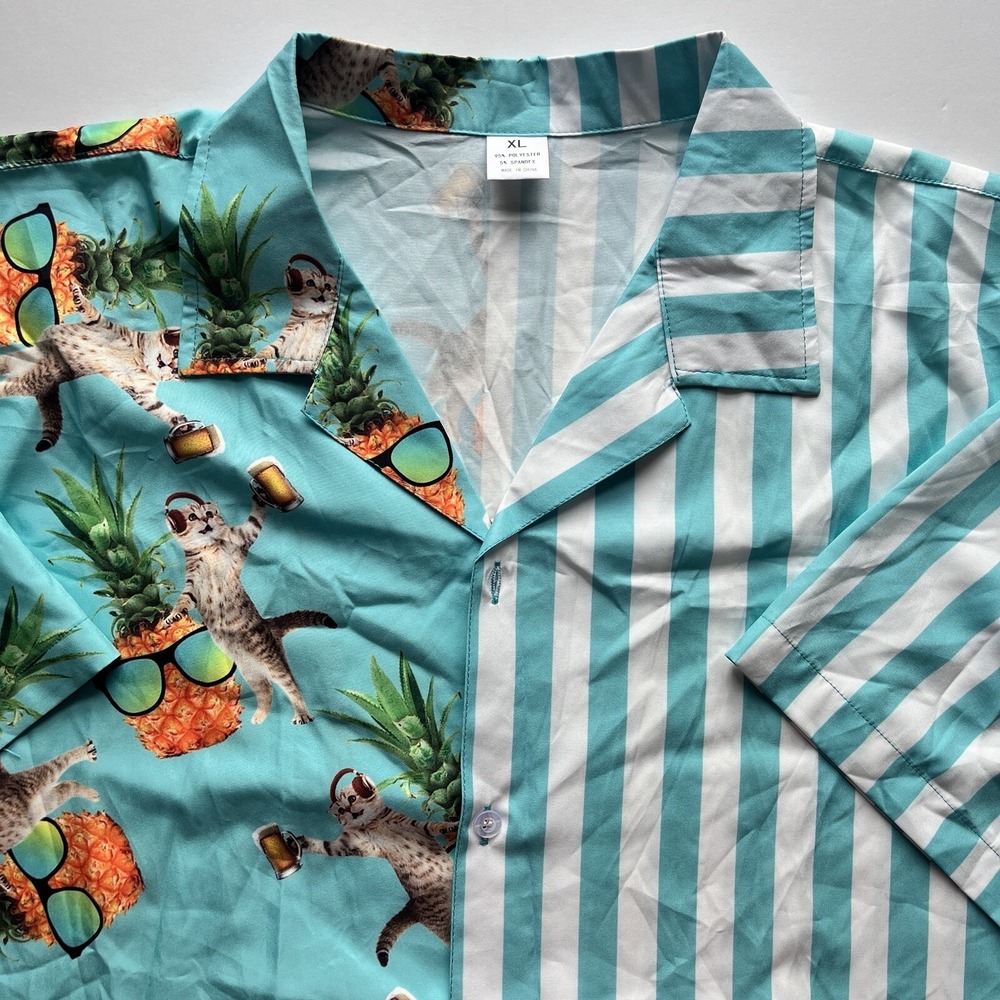 Mens XL Tropical Cat Beer Pineapple Striped Split Button Down Shirt Blue White - Picture 1 of 6
